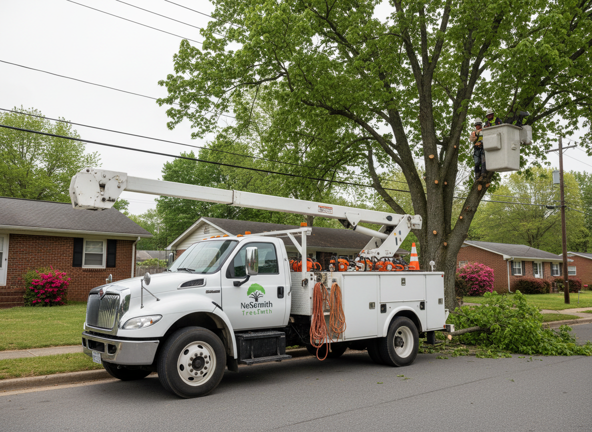 A sturdy white work truck with the NeSmith TreeSmith logo clearly displayed on the side is parked on a quiet residential street in the Triangle region, next to a mature maple tree being professionally trimmed. The truck bed is organized with neatly arranged chainsaws, ropes, and safety cones, and an extended hydraulic lift reaches up into the canopy where well-pruned branches show clean cuts. The background includes modest brick homes, manicured lawns, and overhead utility lines. Bright but diffused midday light from an overcast sky ensures even illumination and minimal harsh shadows. Photographic realism from a slightly elevated three-quarter angle, with sharp focus on the truck and equipment, conveying professionalism, readiness, and organized service.