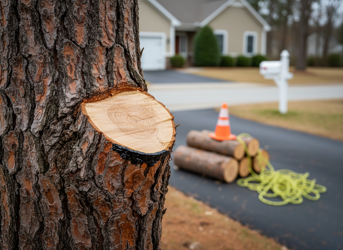 A detailed close-up of a thick pine tree trunk in the Triangle region shows the precise point where a large hazardous limb has been expertly removed. The cut surface is smooth, slightly angled, and sealed, with no splintering or tearing of the bark. In the background, a small orange safety cone and coiled rope rest on short, evenly stacked log sections on a clean driveway. The setting is a quiet residential neighborhood hinted at by blurred siding and a mailbox in the distance. Soft, overcast lighting creates minimal contrast and clear visibility of textures in the bark and cut wood. Photographic realism, shallow depth of field with the cut in sharp focus, conveying meticulous care and safety-conscious tree removal.