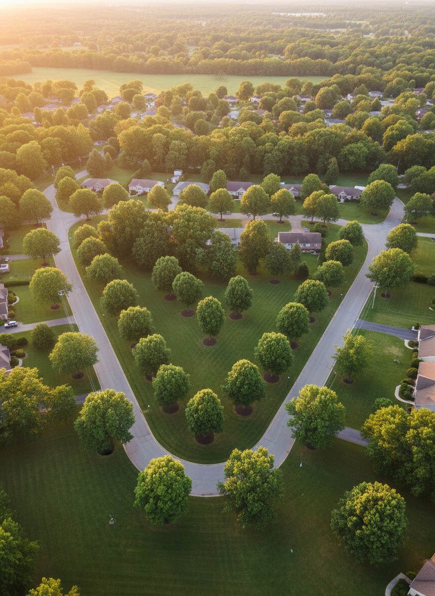 A broad aerial view of a small Triangle neighborhood shows multiple properties with professionally maintained trees, each with balanced canopies, no dead limbs, and clear spaces around rooftops and power lines. Neatly mulched rings encircle the bases of several trees, with underbrush and risky overhanging limbs removed. The streets curve gently through the scene, bordered by tidy lawns and evenly spaced shade trees. Captured during golden hour with warm, low-angle sunlight highlighting the tops of the trees and casting long, soft shadows across the lawns. Photographic realism with a wide, high-angle composition that emphasizes the overall health, order, and safety of the community’s urban forest, suggesting comprehensive, neighborhood-scale tree services.