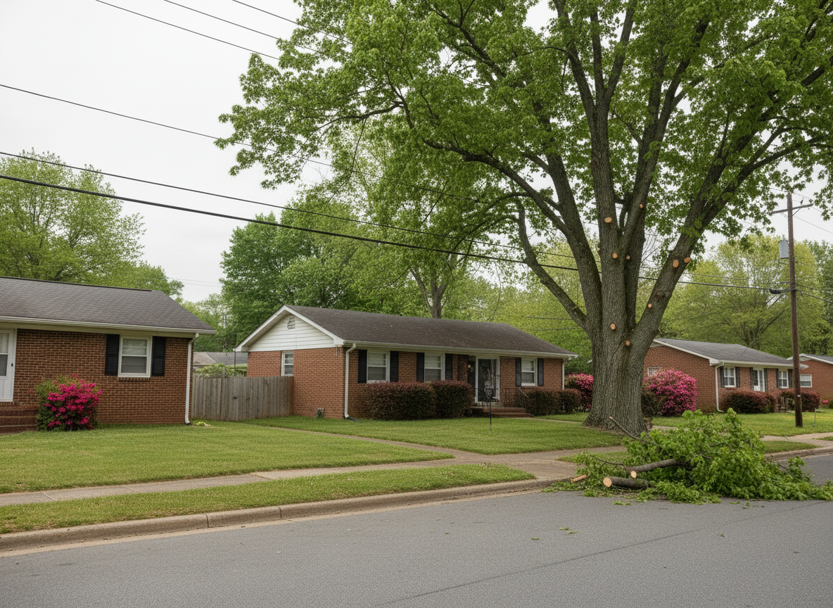A sturdy white work truck with the NeSmith TreeSmith logo clearly displayed on the side is parked on a quiet residential street in the Triangle region, next to a mature maple tree being professionally trimmed. The truck bed is organized with neatly arranged chainsaws, ropes, and safety cones, and an extended hydraulic lift reaches up into the canopy where well-pruned branches show clean cuts. The background includes modest brick homes, manicured lawns, and overhead utility lines. Bright but diffused midday light from an overcast sky ensures even illumination and minimal harsh shadows. Photographic realism from a slightly elevated three-quarter angle, with sharp focus on the truck and equipment, conveying professionalism, readiness, and organized service.